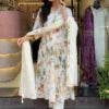 Cream, Yellow & Green Printed Kurta with Trousers & Dupatta