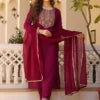 Maroon & Gold Toned Yoke Design Kurta with Trousers & Dupatta